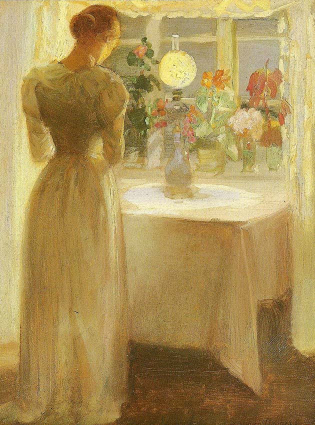 Anna Ancher ung pige foran en tandt lampe